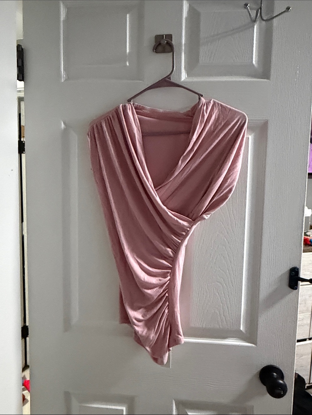 Commense Dusty Rose Ruched Draped V-Neck Blouse